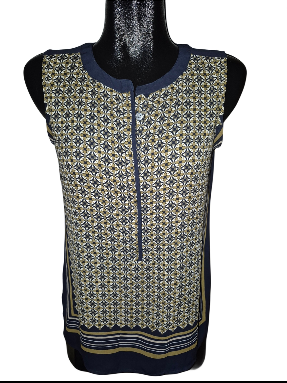 Loft Sleeveless Navy And Taupe Geometric Print Button-Up Neckline Top Size S